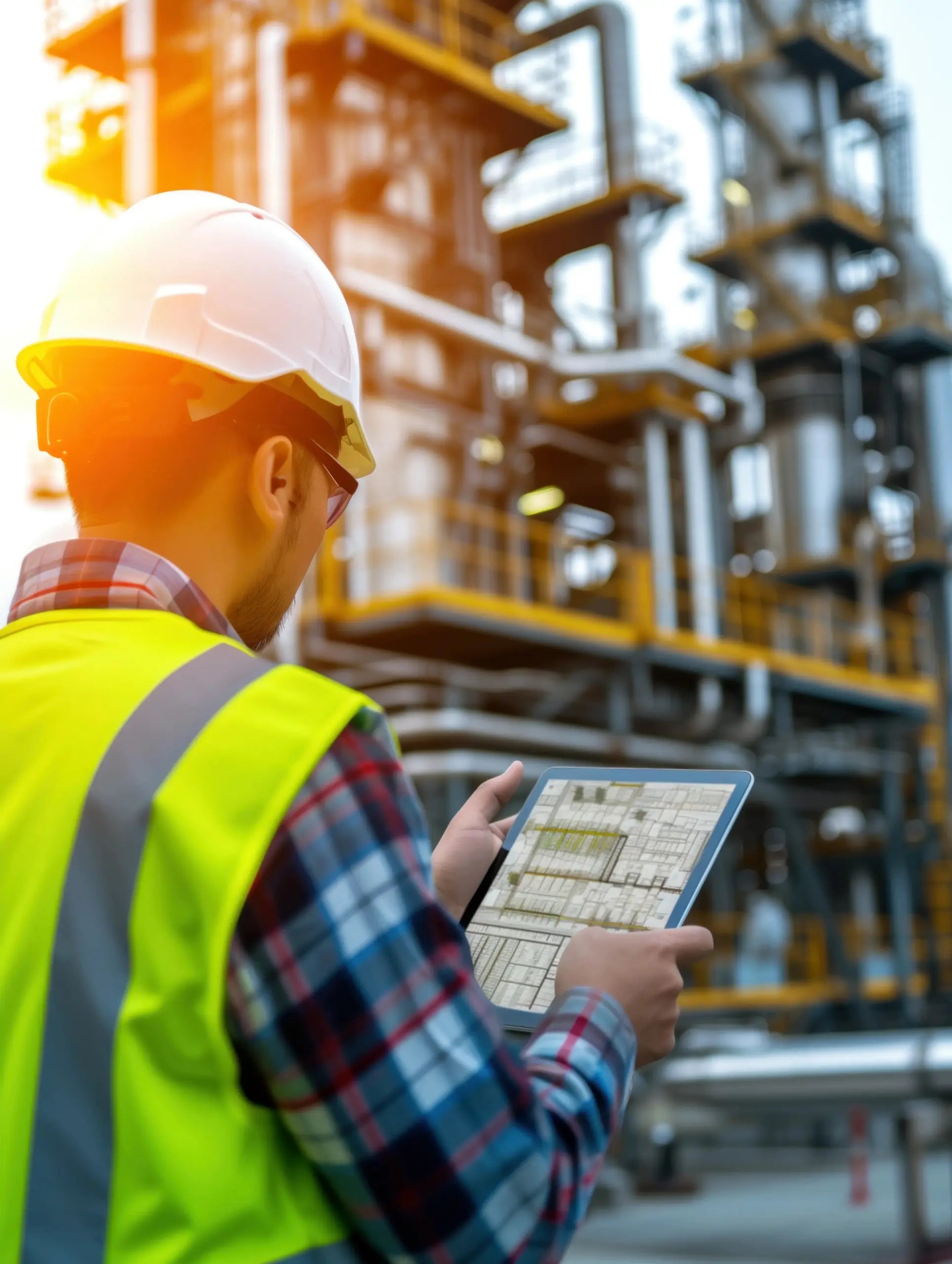 Un ingegnere guarda il proprio progetto su un tablet mentre ispeziona il lavoro eseguito