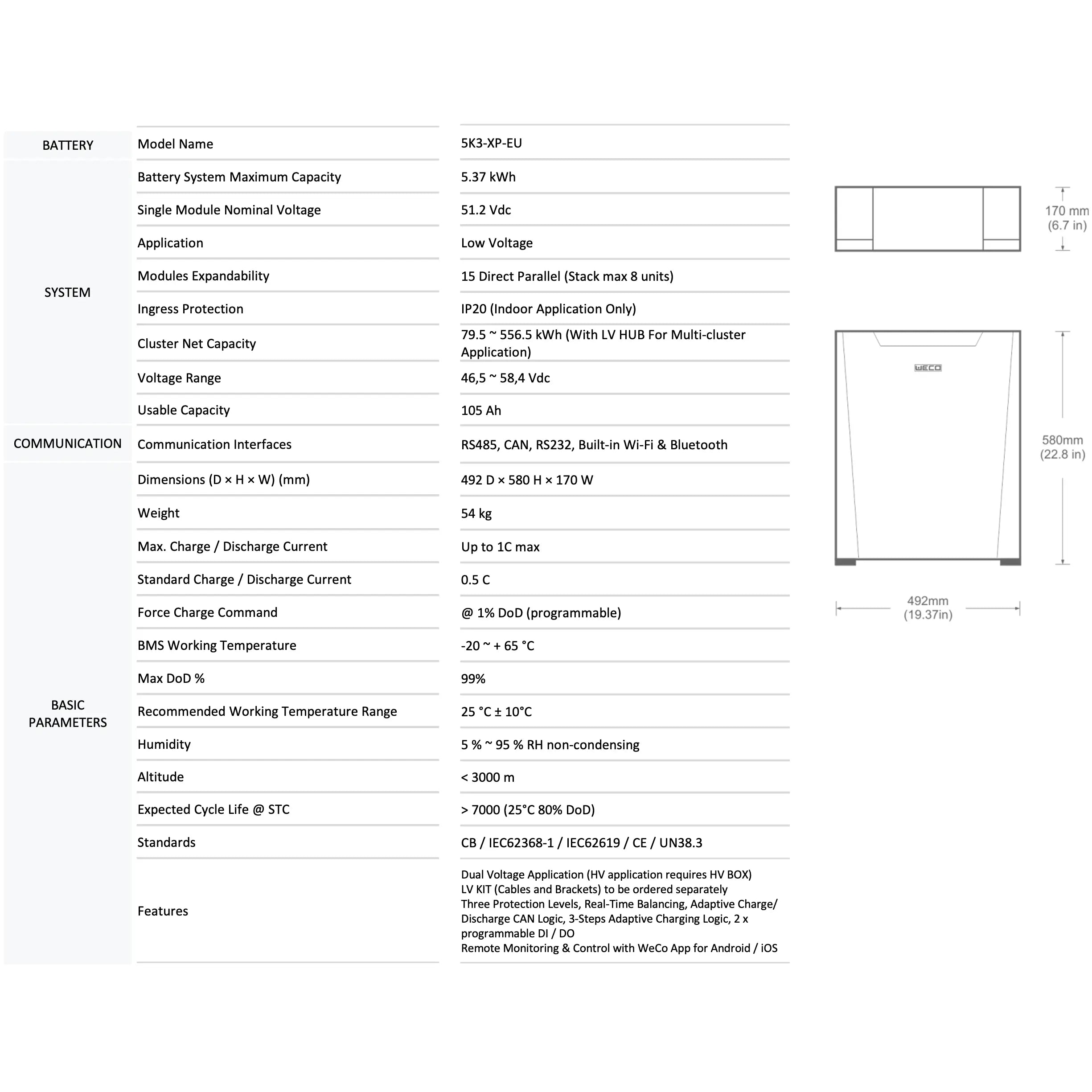 Batteria Weco LV 5K3-XP 5,37kWh compatibile con Inverter Solis 1Ph e ZCS HP